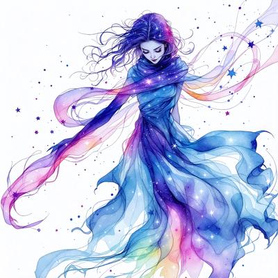 The primary subject of the image is a woman with long hair, wearing a blue dress and a scarf. She is surrounded by a colorful and swirling background, which adds a sense of motion and energy to the scene. The visual style of the image is a combination of digital art and illustration, creating a vibrant and dynamic composition. The colors and mood of the image are predominantly blue and purple, giving the scene a serene and dreamy atmosphere.